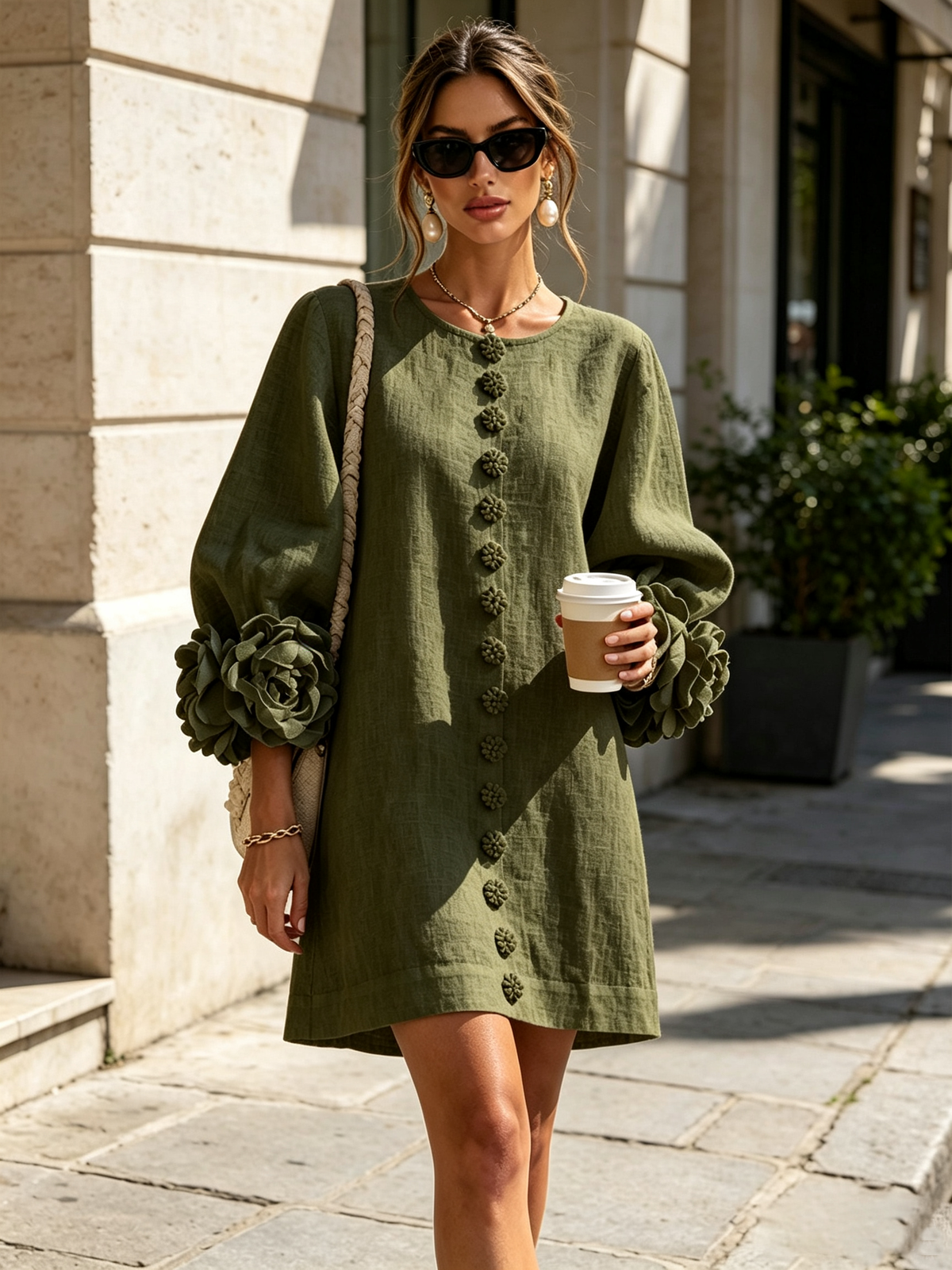 ANUNCIACIÓN | Minivestido Verde Oliva con Botones de Flor y Puños de Rosas