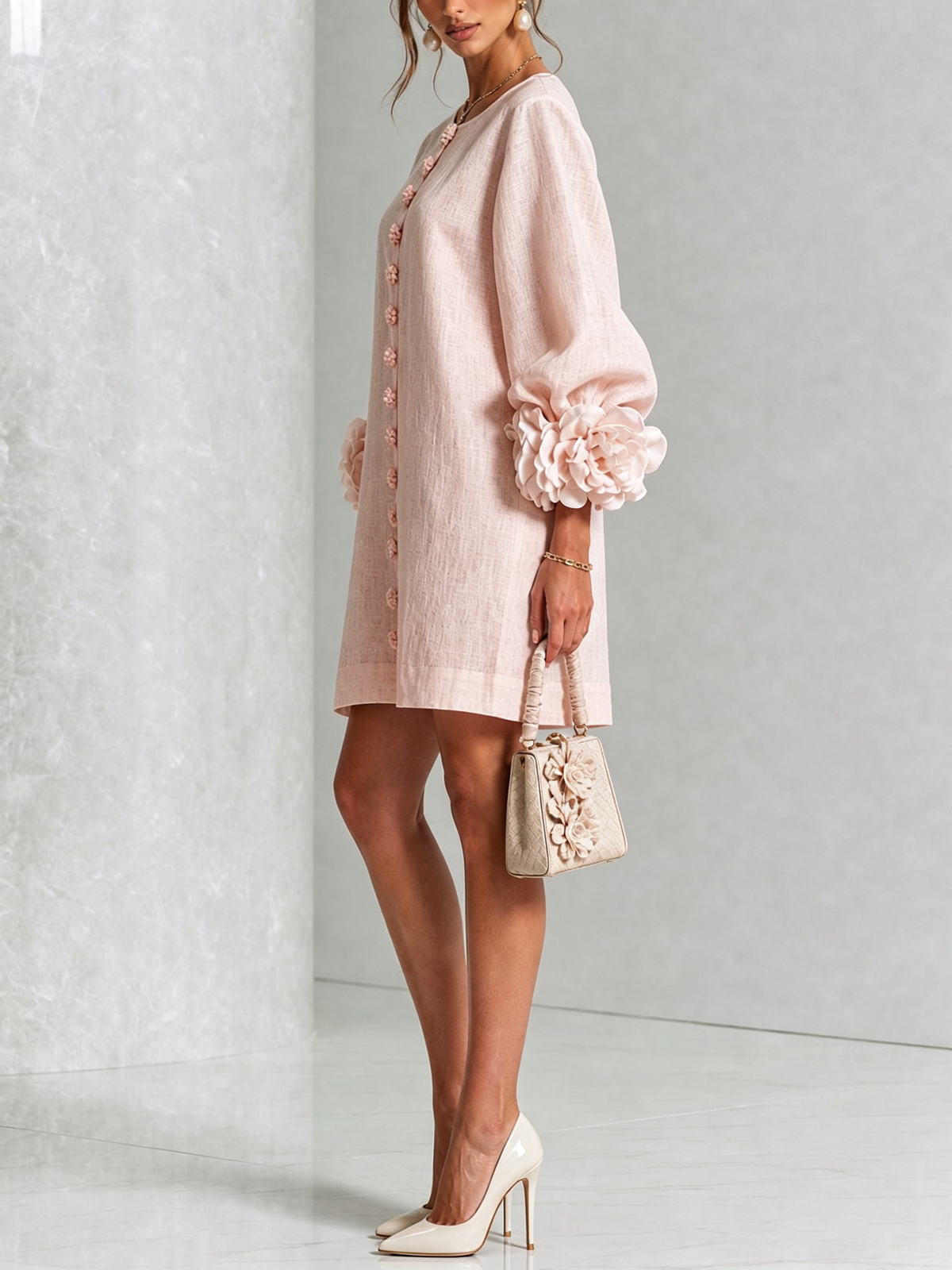 BRUNA | Minivestido Rosa con Botones de Flor y Puños de Rosas