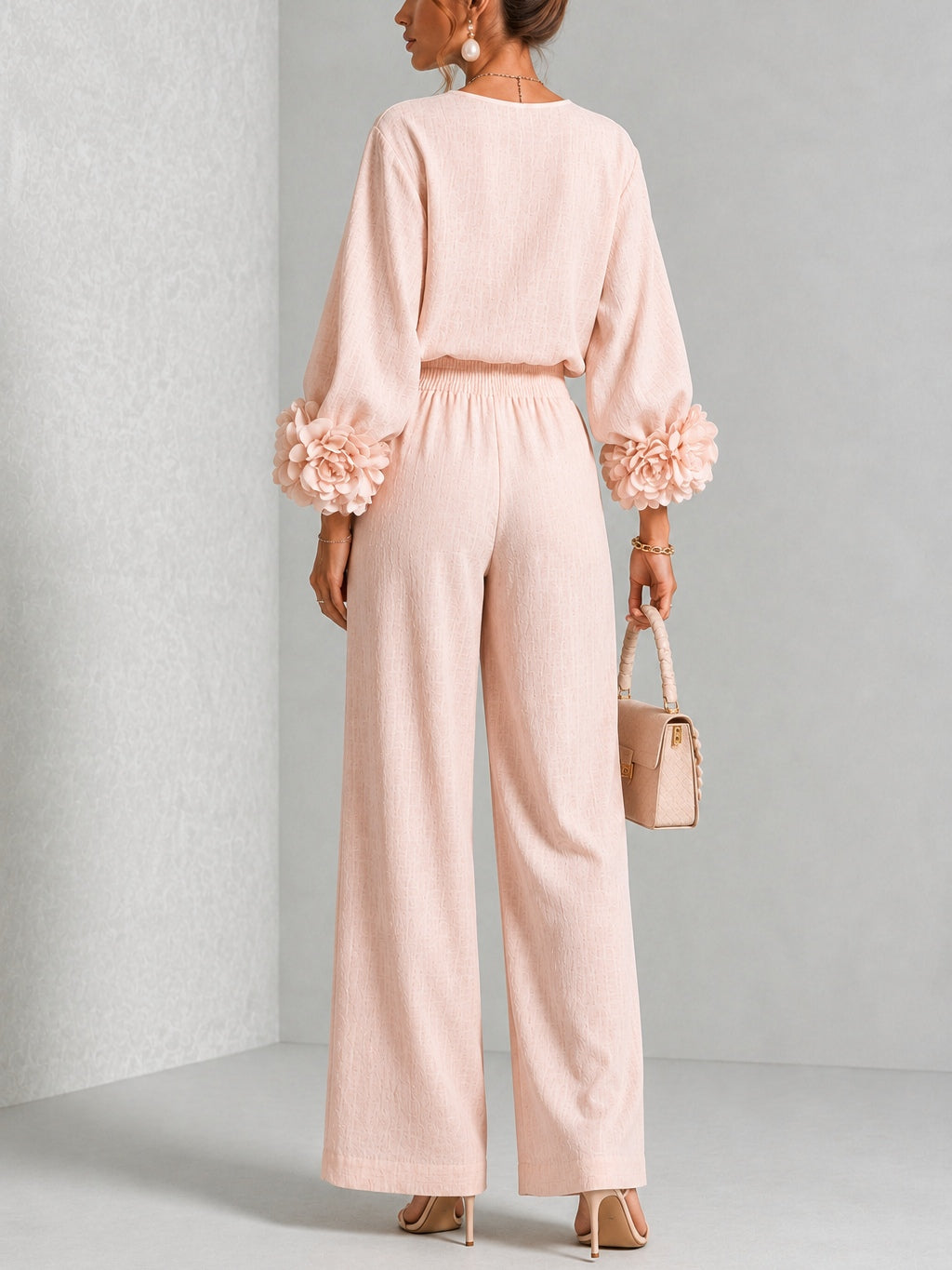 GLORIA | Conjunto de Top con Puños Florales y Pantalón Palazzo