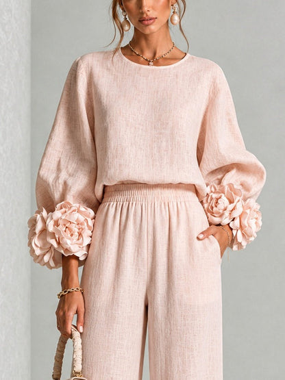 GLORIA | Conjunto de Top con Puños Florales y Pantalón Palazzo