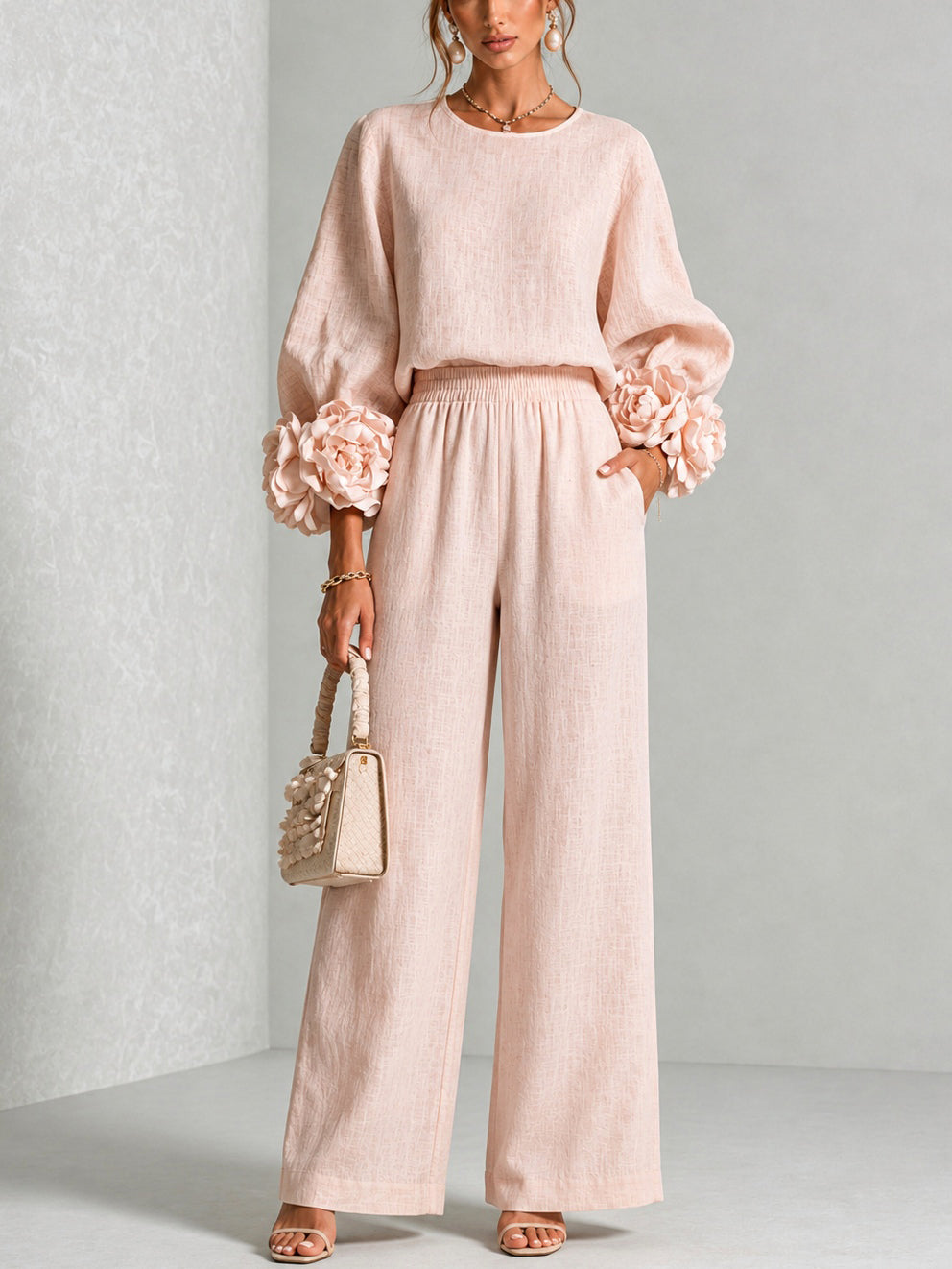 GLORIA | Conjunto de Top con Puños Florales y Pantalón Palazzo