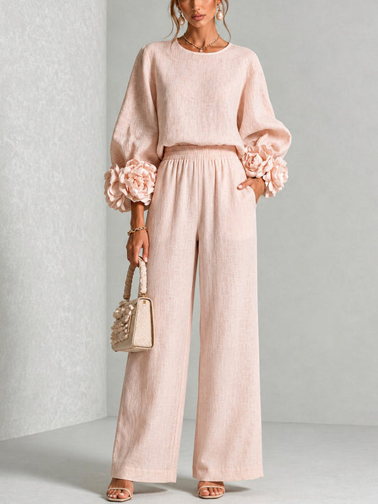 GLORIA | Conjunto de Top con Puños Florales y Pantalón Palazzo