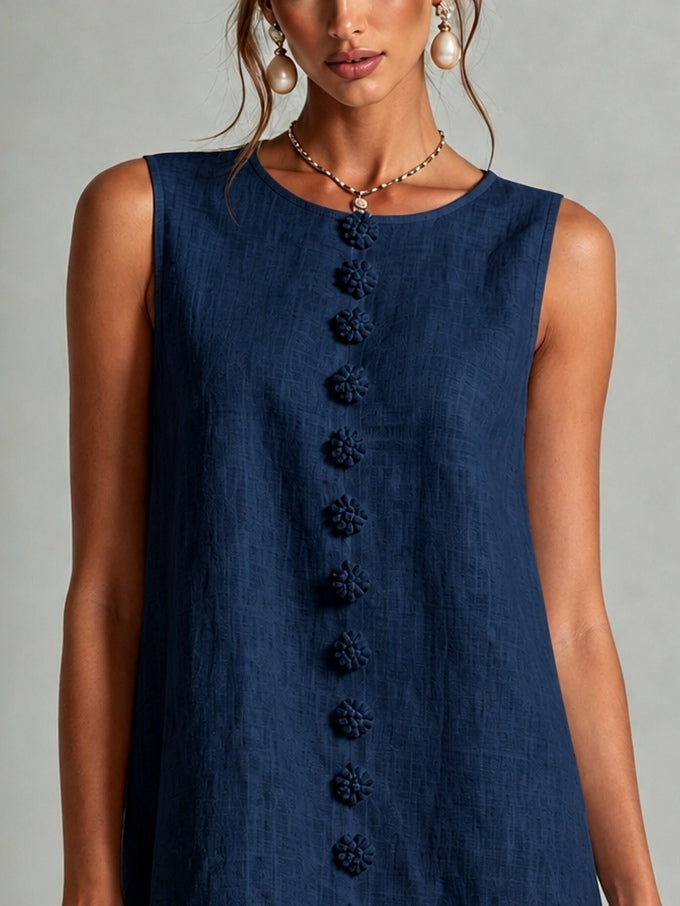 BLANCA | Minivestido sin Mangas Azul Marino con Botones de Flor