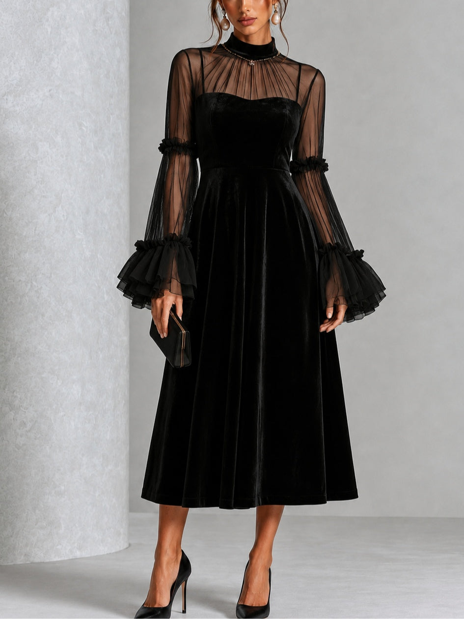 SAIOA | Vestido Midi de Terciopelo Negro con Mangas de Gasa con Volantes