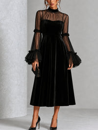 SAIOA | Vestido Midi de Terciopelo Negro con Mangas de Gasa con Volantes