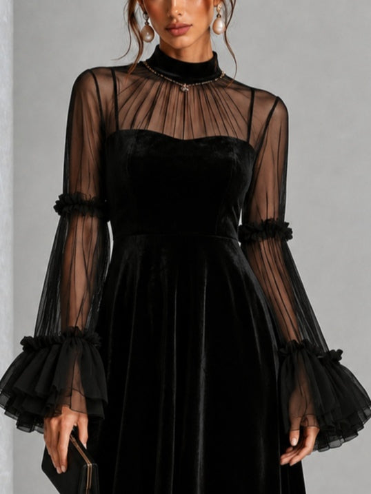 SAIOA | Vestido Midi de Terciopelo Negro con Mangas de Gasa con Volantes