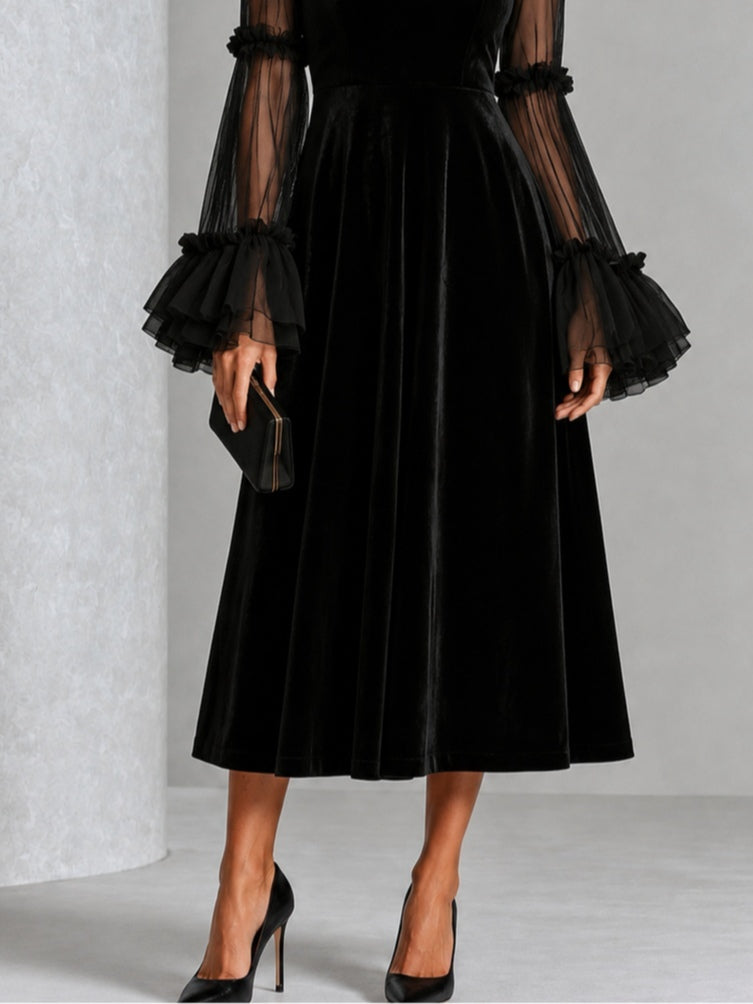 SAIOA | Vestido Midi de Terciopelo Negro con Mangas de Gasa con Volantes
