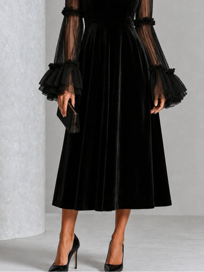 SAIOA | Vestido Midi de Terciopelo Negro con Mangas de Gasa con Volantes
