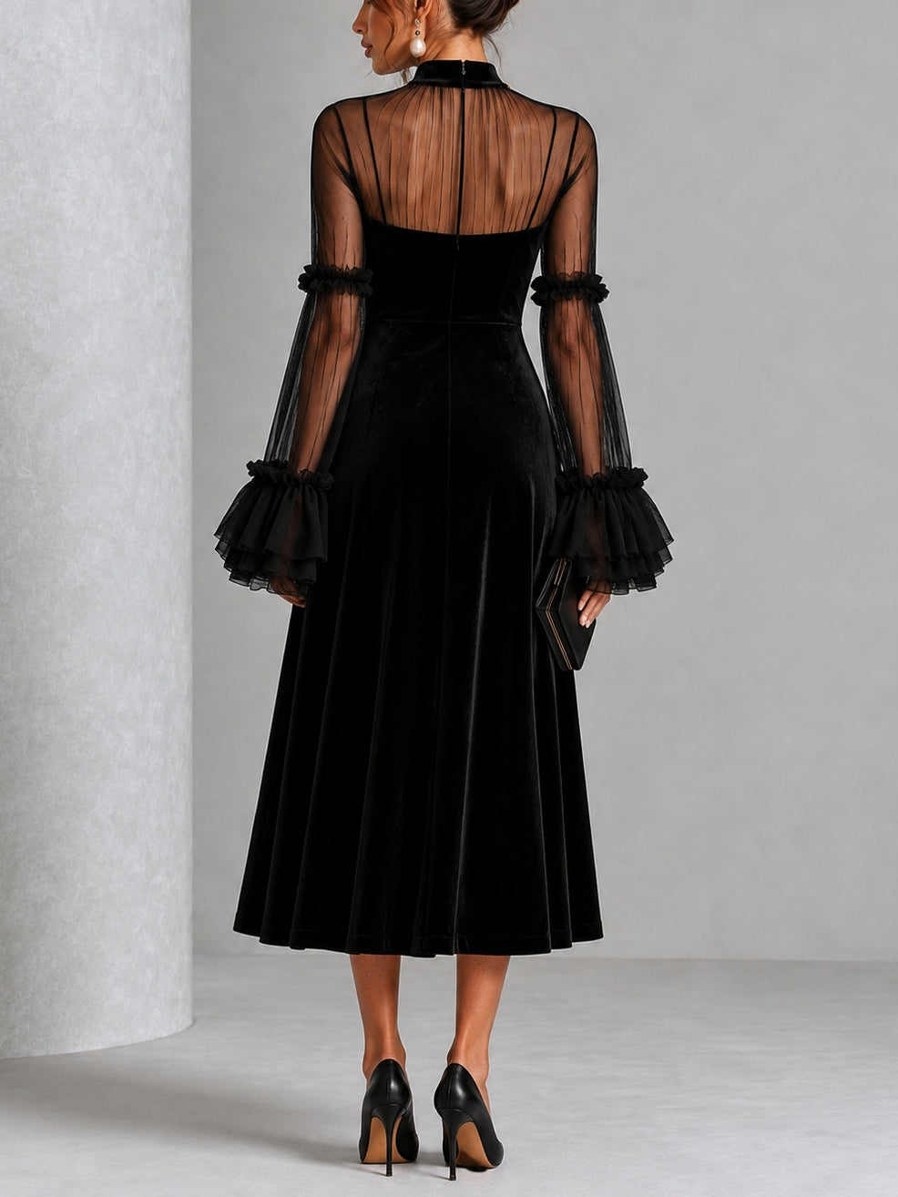 SAIOA | Vestido Midi de Terciopelo Negro con Mangas de Gasa con Volantes