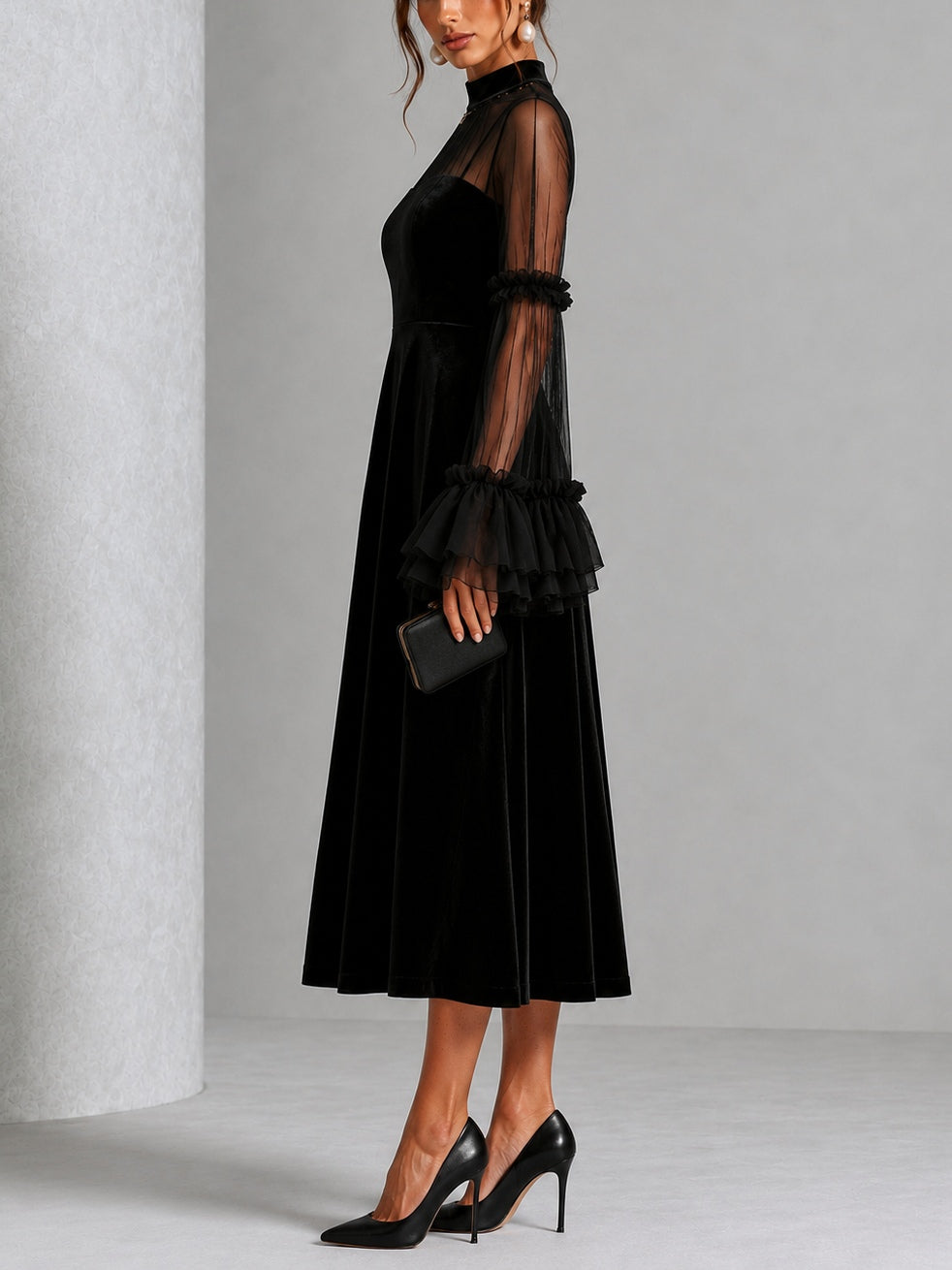 SAIOA | Vestido Midi de Terciopelo Negro con Mangas de Gasa con Volantes