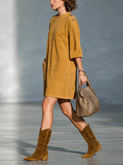 BRISA | Minivestido de Ante Sintético Amarillo Ocre con Botones en los Hombros y Bolsillos
