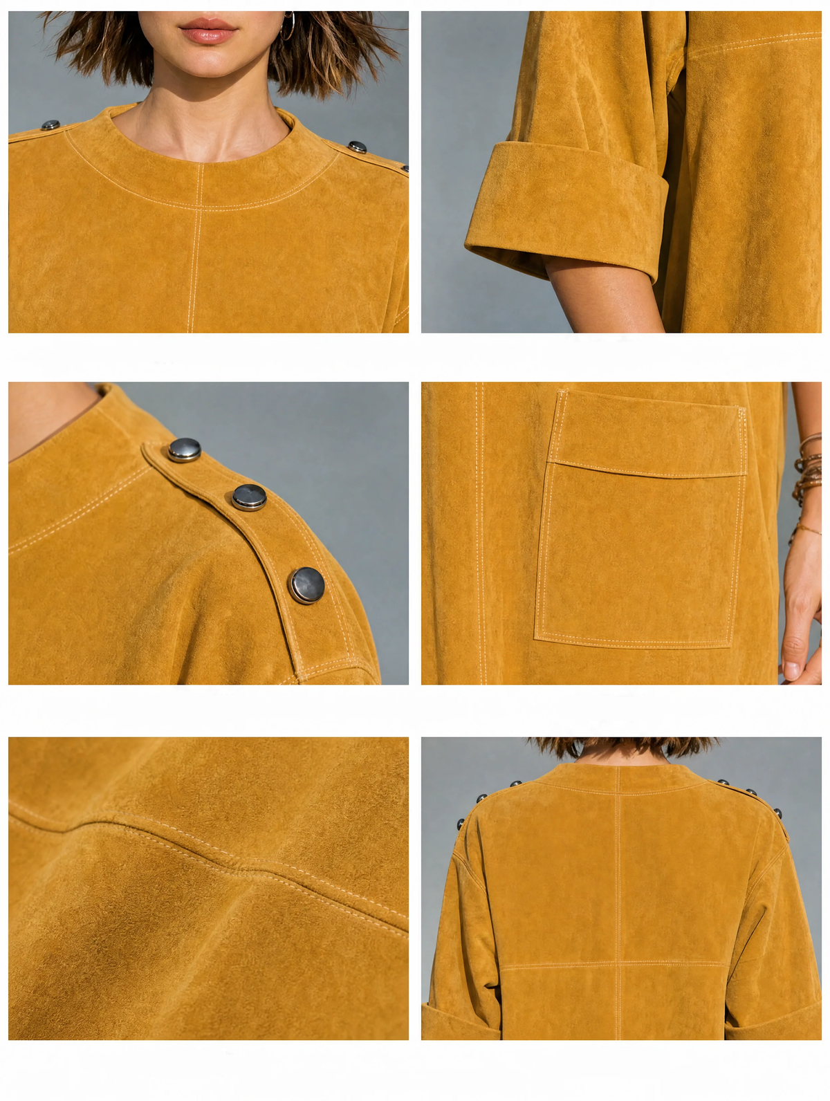 BRISA | Minivestido de Ante Sintético Amarillo Ocre con Botones en los Hombros y Bolsillos