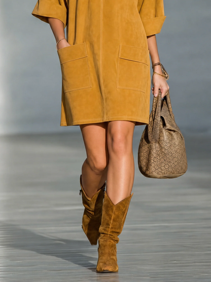 BRISA | Minivestido de Ante Sintético Amarillo Ocre con Botones en los Hombros y Bolsillos