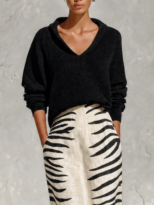 ALICIA | Conjunto Jersey con Cuello y Falda Midi de Cebra