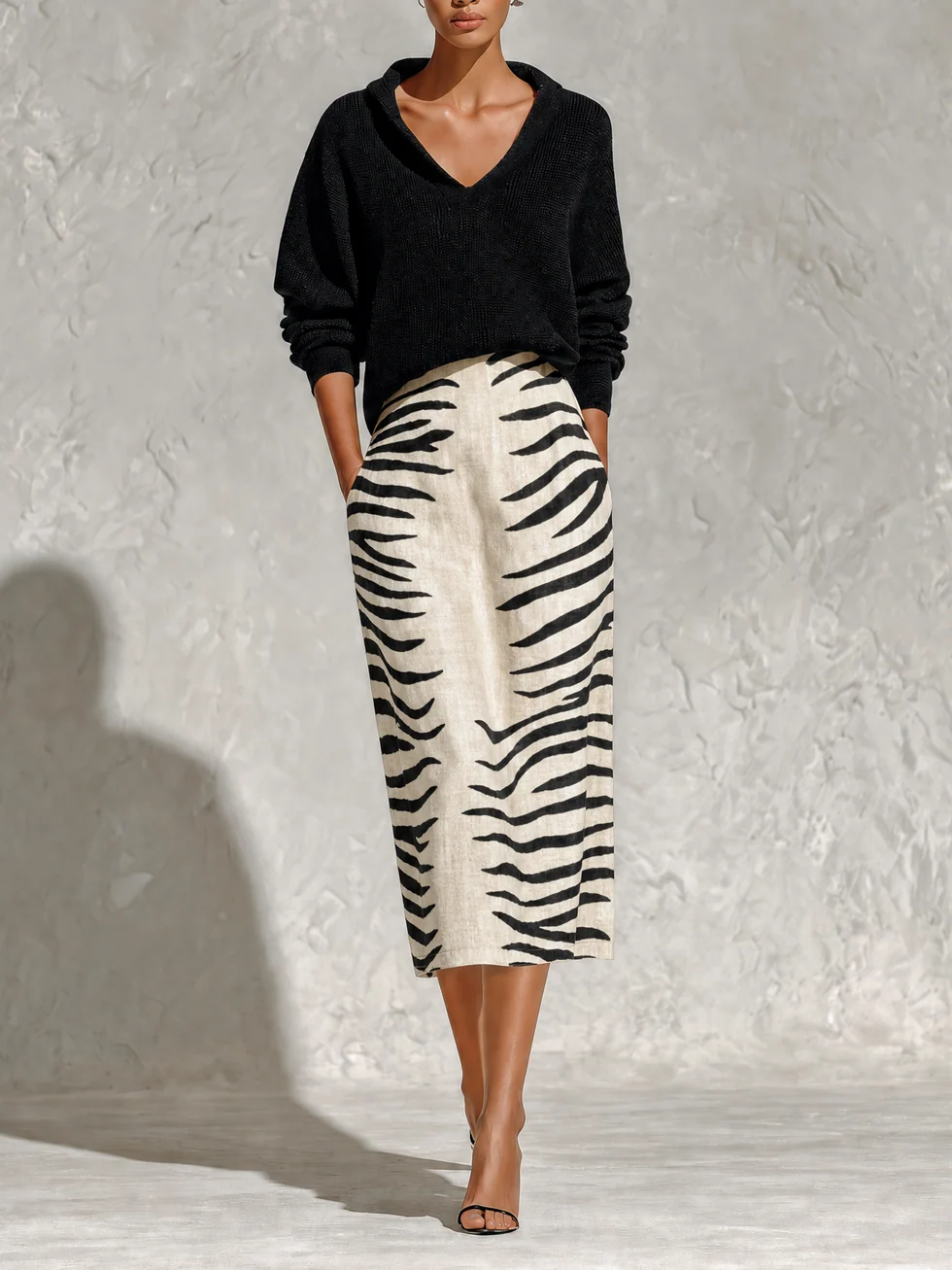 ALICIA | Conjunto Jersey con Cuello y Falda Midi de Cebra