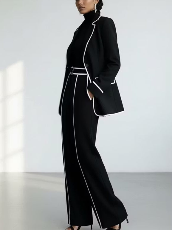 ALAIA | Conjunto Blazer y Pantalón Ancho Negro con Ribetes Blancos