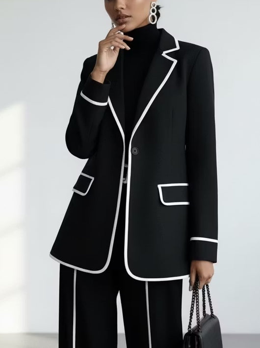 ALAIA | Conjunto Blazer y Pantalón Ancho Negro con Ribetes Blancos