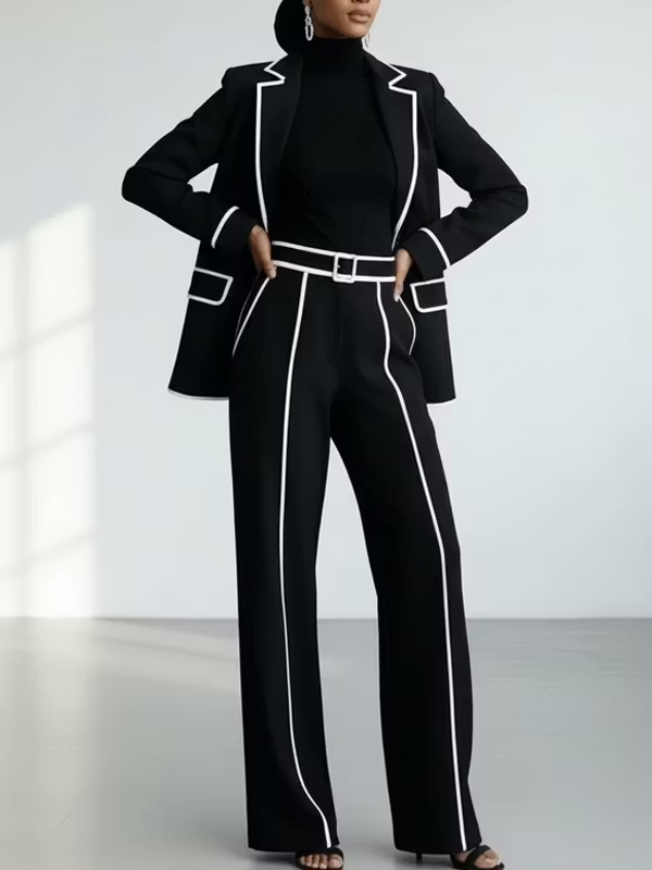 ALAIA | Conjunto Blazer y Pantalón Ancho Negro con Ribetes Blancos