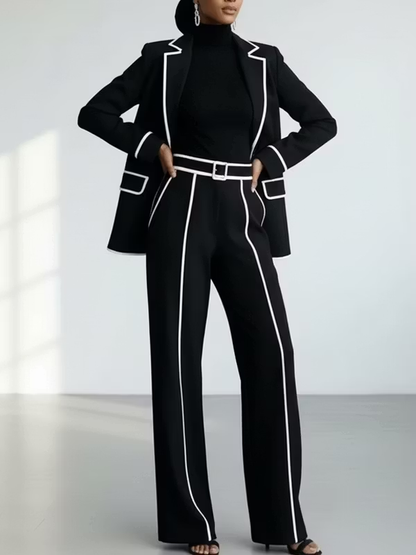 ALAIA | Conjunto Blazer y Pantalón Ancho Negro con Ribetes Blancos