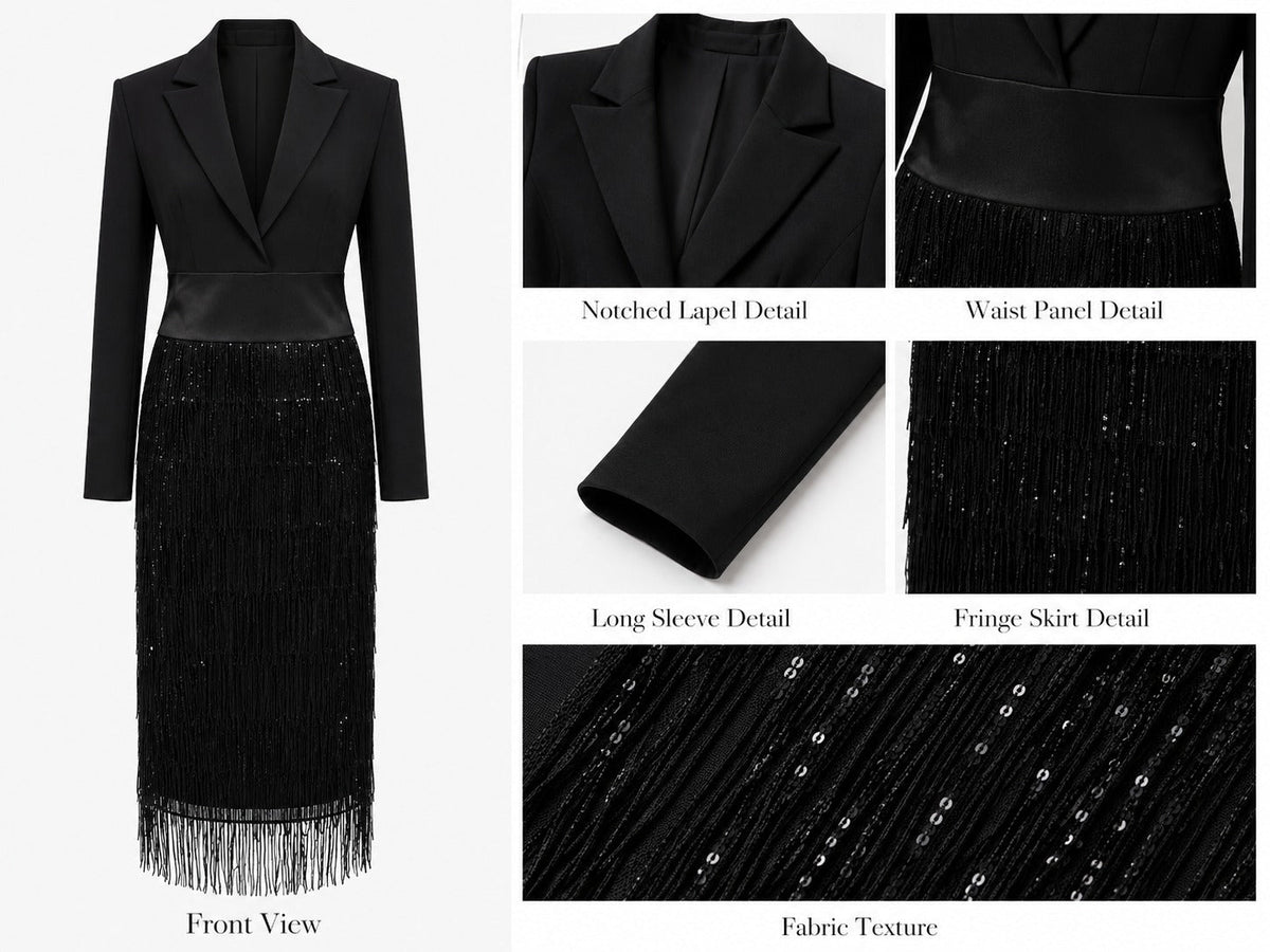 ELEONORA | Vestido Midi Estilo Americana Negro con Lentejuelas y Flecos