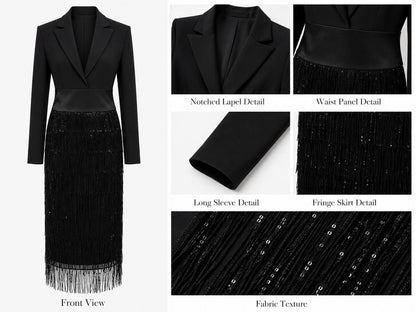 ELEONORA | Vestido Midi Estilo Americana Negro con Lentejuelas y Flecos