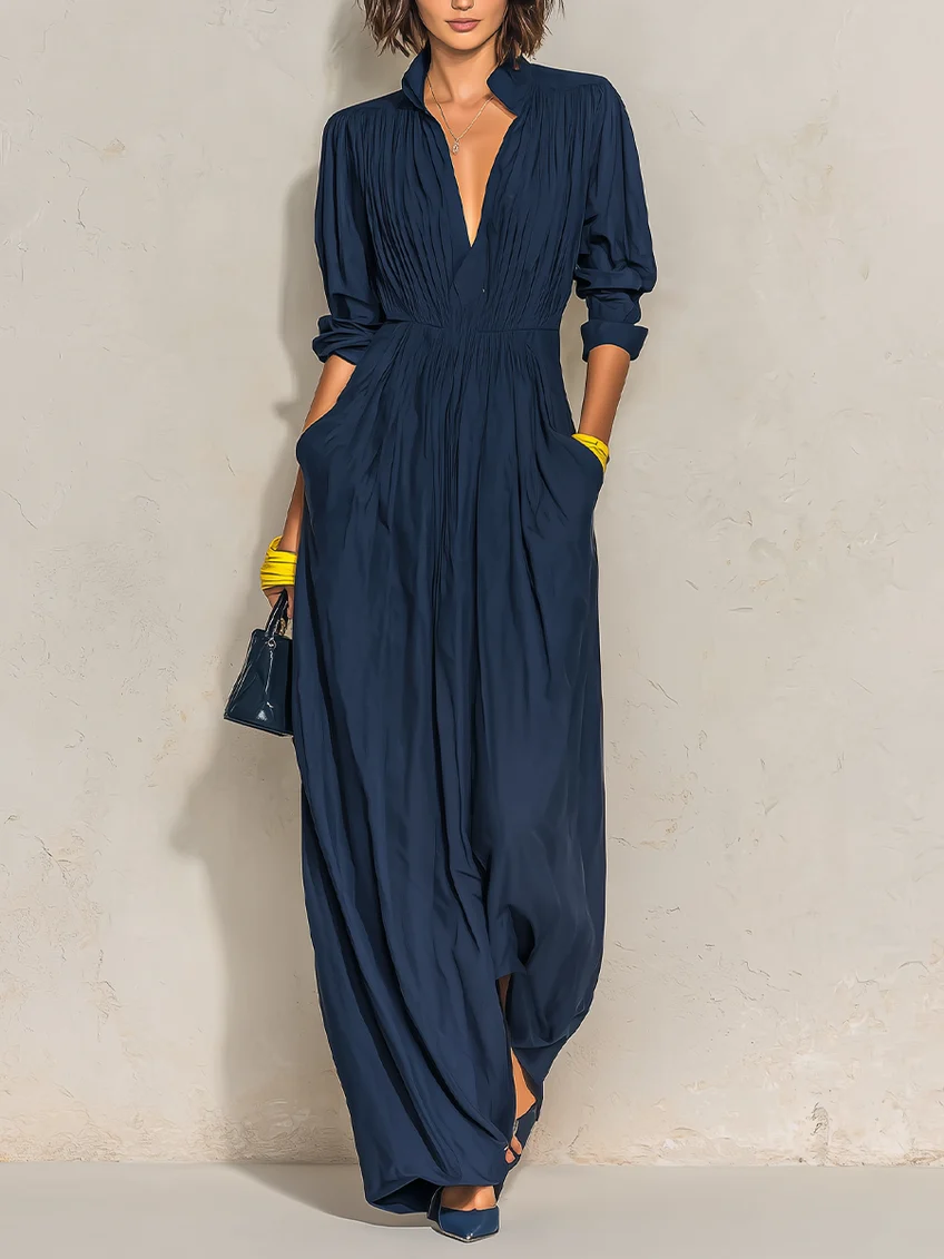 ELSA | Vestido Largo Plisado Azul Marino con Escote en V