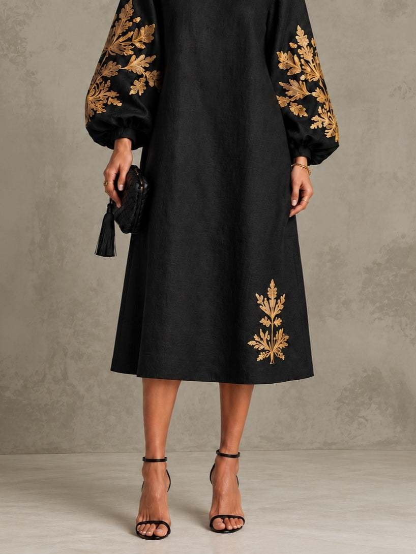 DAFNE | Vestido Midi Negro con Mangas Farol y Motivo Dorado de Hojas