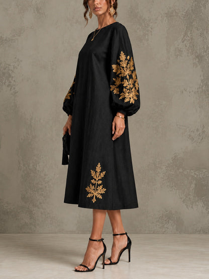 DAFNE | Vestido Midi Negro con Mangas Farol y Motivo Dorado de Hojas