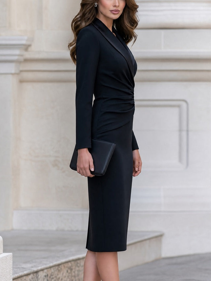 AMELIA | Vestido Midi Blazer Negro con Solapas de Raso y Fruncido