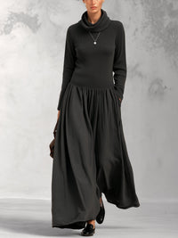 GABRIELA | Vestido Largo Negro de Cuello Alto en Punto de Canalé con Falda Amplia