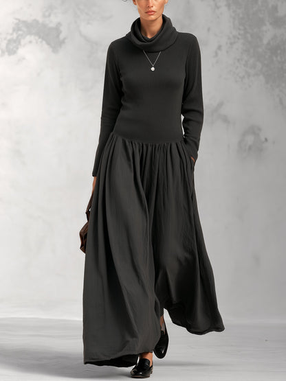 GABRIELA | Vestido Largo Negro de Cuello Alto en Punto de Canalé con Falda Amplia
