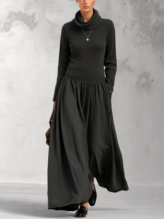 GABRIELA | Vestido Largo Negro de Cuello Alto en Punto de Canalé con Falda Amplia
