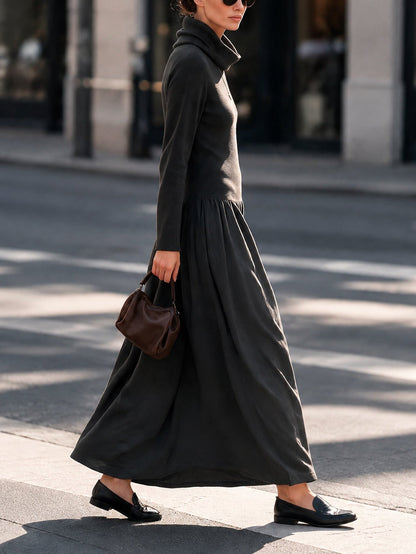 GABRIELA | Vestido Largo Negro de Cuello Alto en Punto de Canalé con Falda Amplia