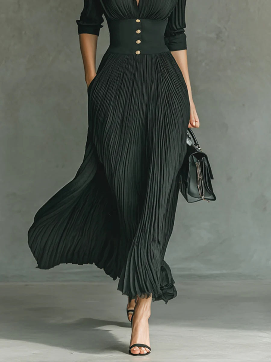 GALATEA | Vestido Largo Plisado con Solapas y Cinturón