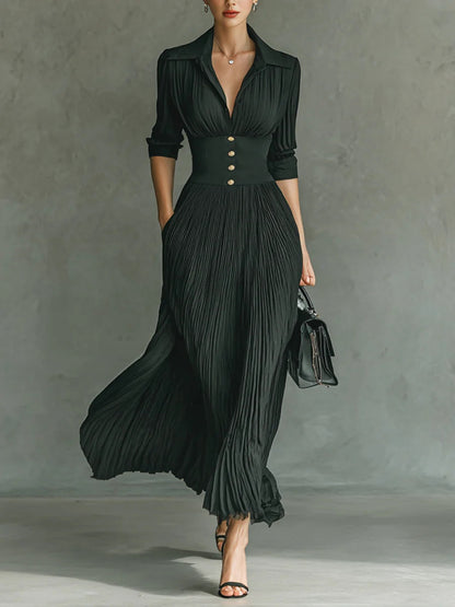 GALATEA | Vestido Largo Plisado con Solapas y Cinturón