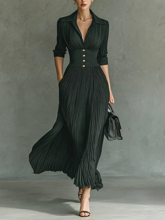 GALATEA | Vestido Largo Plisado con Solapas y Cinturón