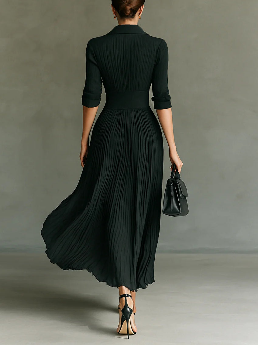 GALATEA | Vestido Largo Plisado con Solapas y Cinturón
