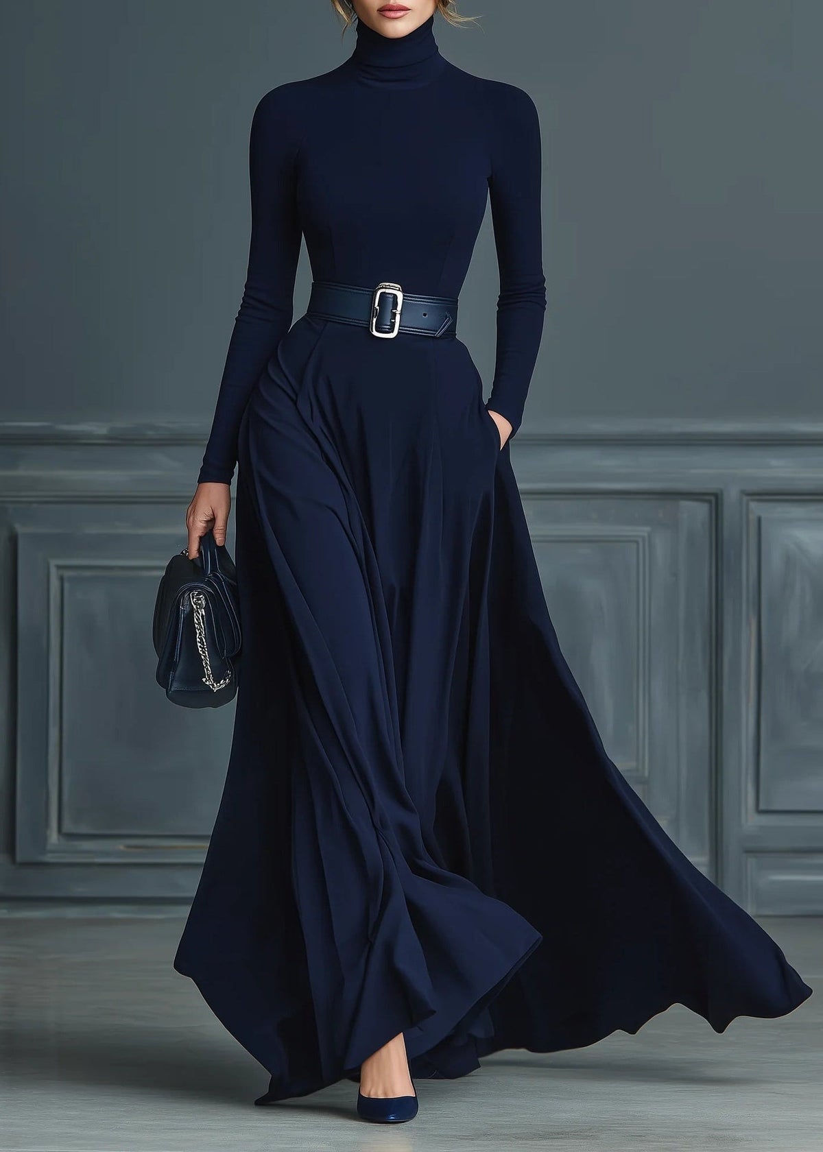 ANA | Vestido Largo de Punto Azul Oscuro con Cuello Alto y Falda Acampanada