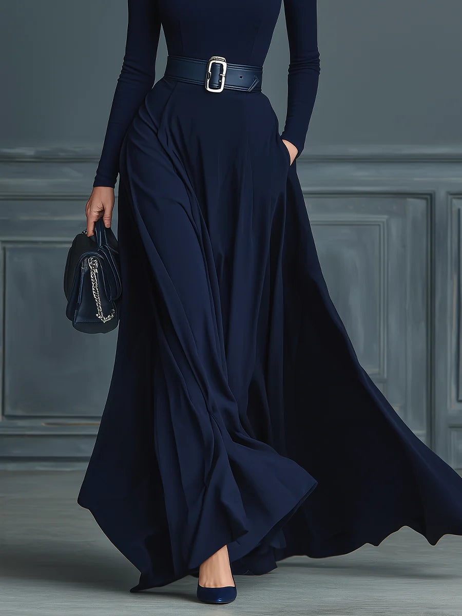 ANA | Vestido Largo de Punto Azul Oscuro con Cuello Alto y Falda Acampanada