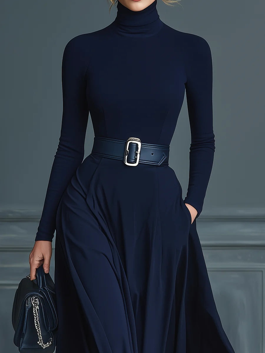 ANA | Vestido Largo de Punto Azul Oscuro con Cuello Alto y Falda Acampanada