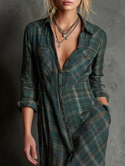 YURENA | Vestido Camisero Largo con Cuello de Vichy Verde