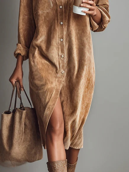 TANIA | Vestido Midi de Pana con Bolsillos y Cierre Sencillo