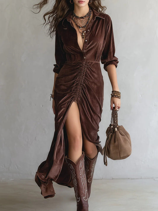 CASILDA | Vestido Largo de Terciopelo Fruncido con Cuello y Abertura