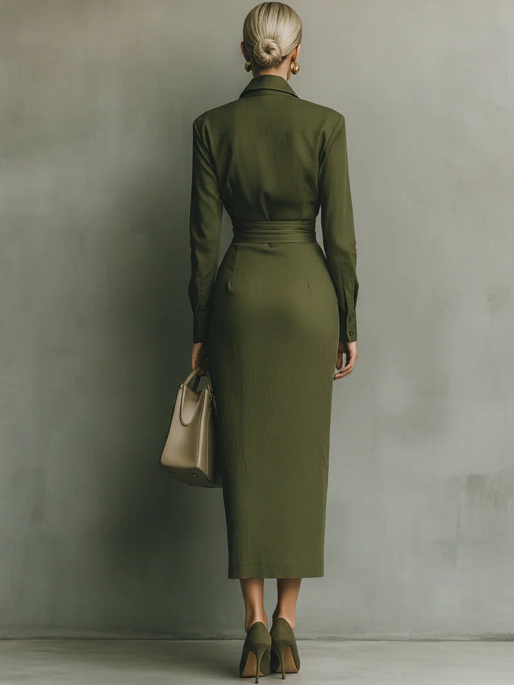 FIDELA | Vestido Largo Verde Militar con Cuello Camisero y Falda Drapeada