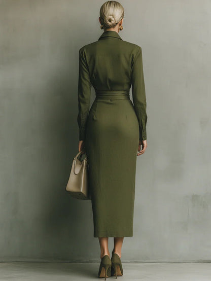 FIDELA | Vestido Largo Verde Militar con Cuello Camisero y Falda Drapeada