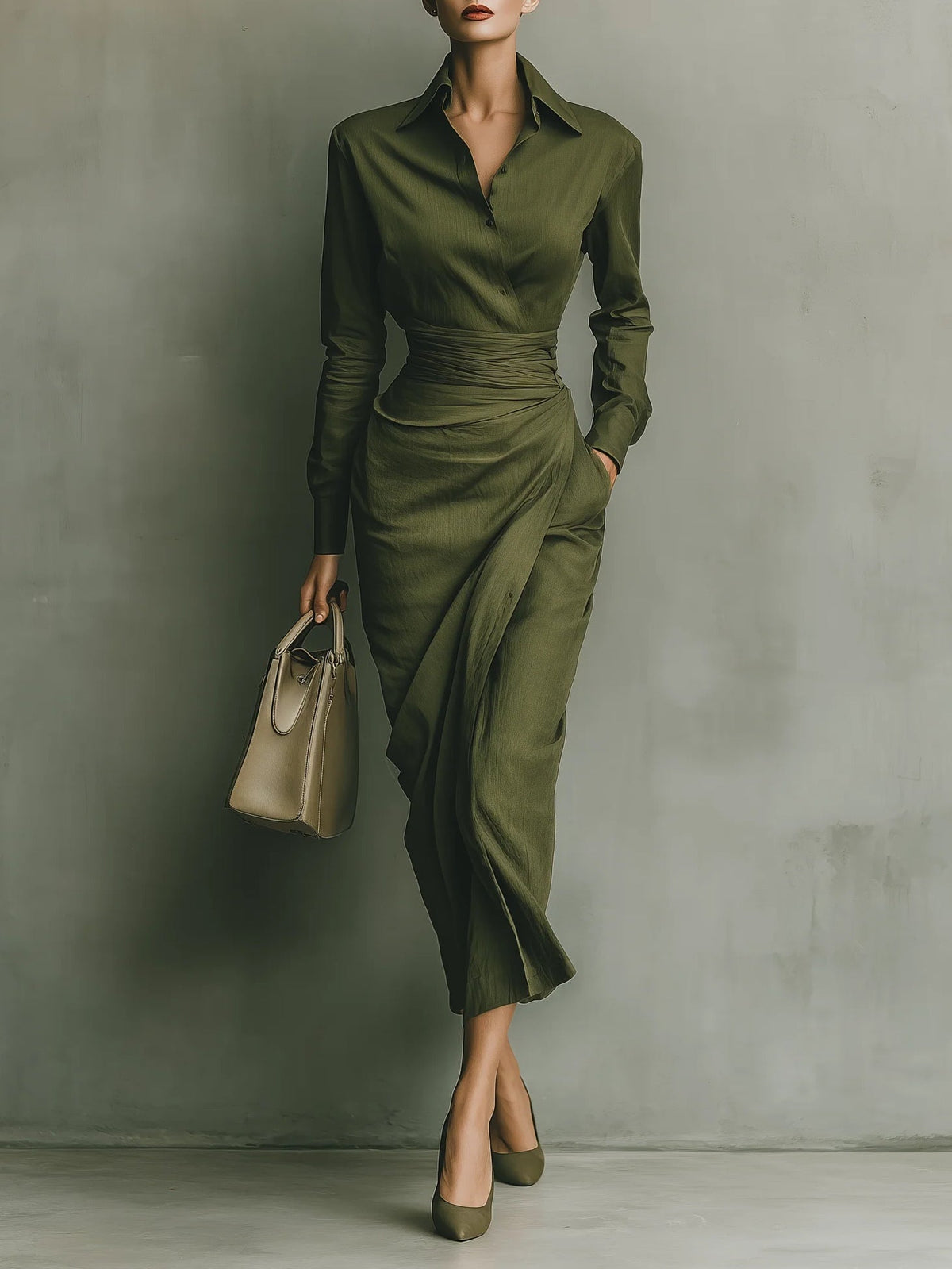 FIDELA | Vestido Largo Verde Militar con Cuello Camisero y Falda Drapeada