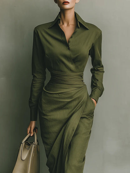 FIDELA | Vestido Largo Verde Militar con Cuello Camisero y Falda Drapeada