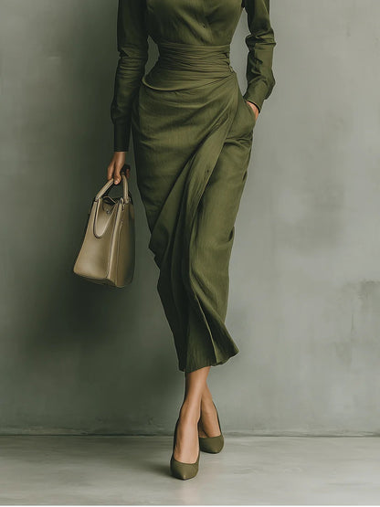 FIDELA | Vestido Largo Verde Militar con Cuello Camisero y Falda Drapeada