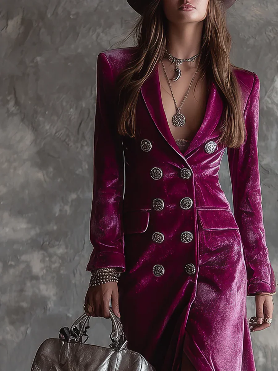 CLEMENCIA | Vestido Blazer de Terciopelo con Botones Vintage