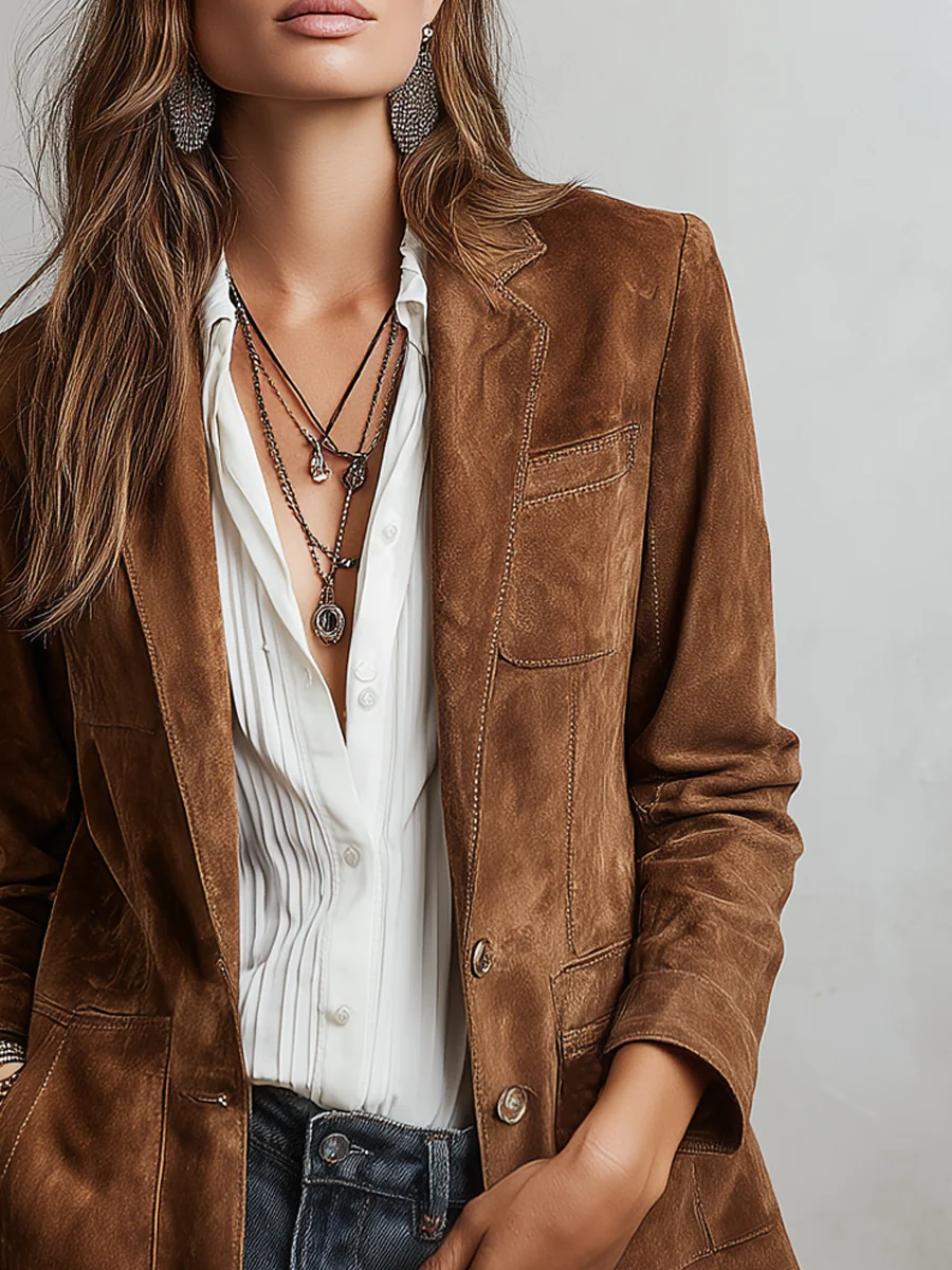 YASMINA | Blazer Efecto Ante con Costuras en Contraste